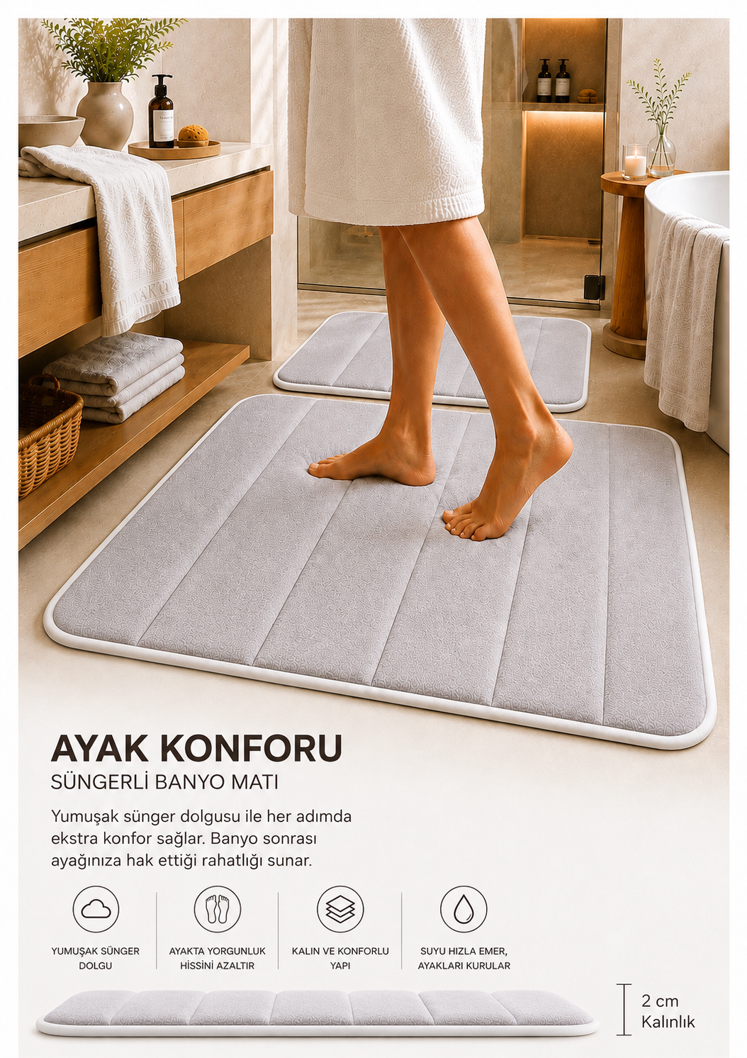 Süngerli Banyo Paspas Seti 2'li - Gri (60x80 cm & 40x70 cm)