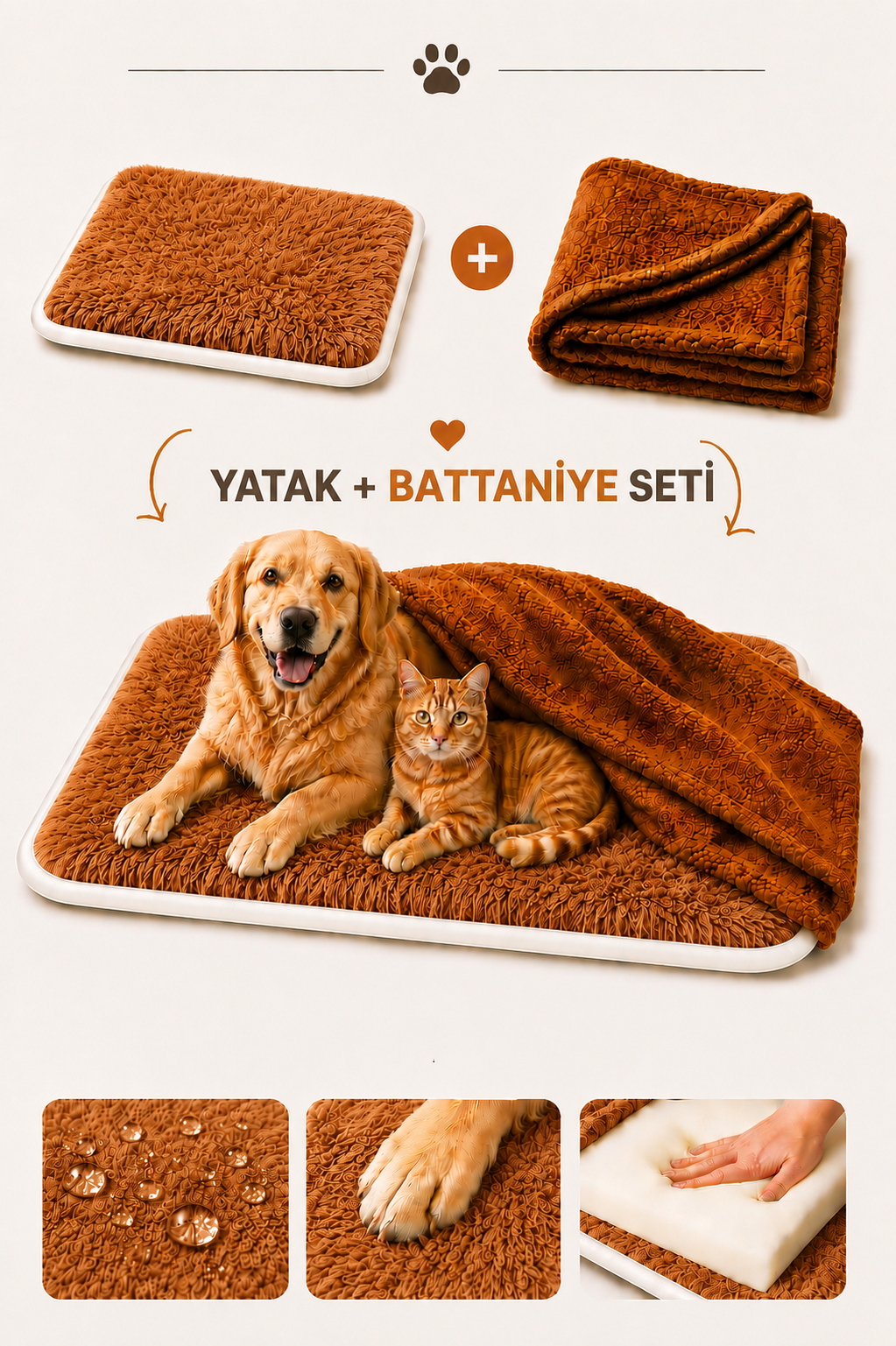 Ortopedik Süngerli Kahverengi Peluş Kedi Köpek Yatağı ve Battaniye Seti | Kaymaz Tabanlı Evcil Hayvan Minderi