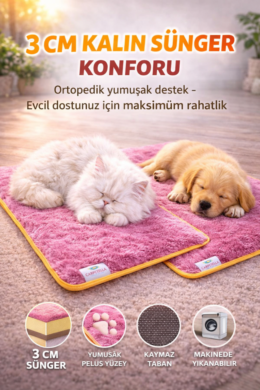 3 CM Süngerli Ortopedik Kedi Köpek Yatağı Pembe Welsoft – Kaymaz Tabanlı Peluş Pet Mat Minderi