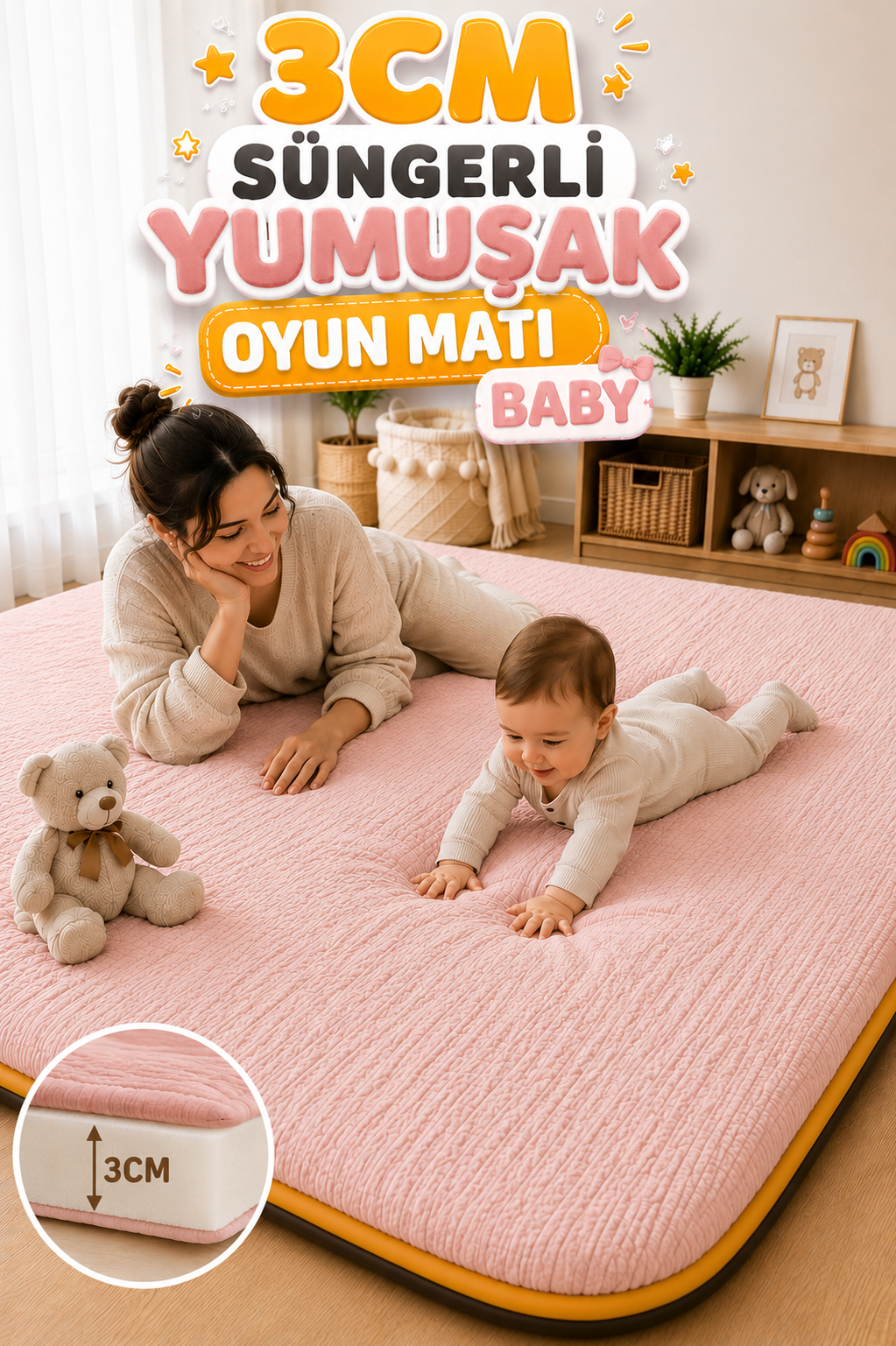 3 cm Süngerli Müslin Bebek Oyun Matı – Kaymaz Tabanlı Pamuk Pembe