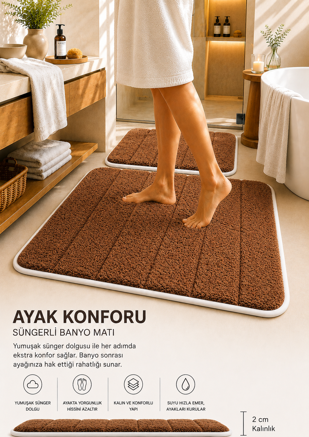 Süngerli Banyo Paspası Seti Kaymaz Taban - Kahverengi Peluş