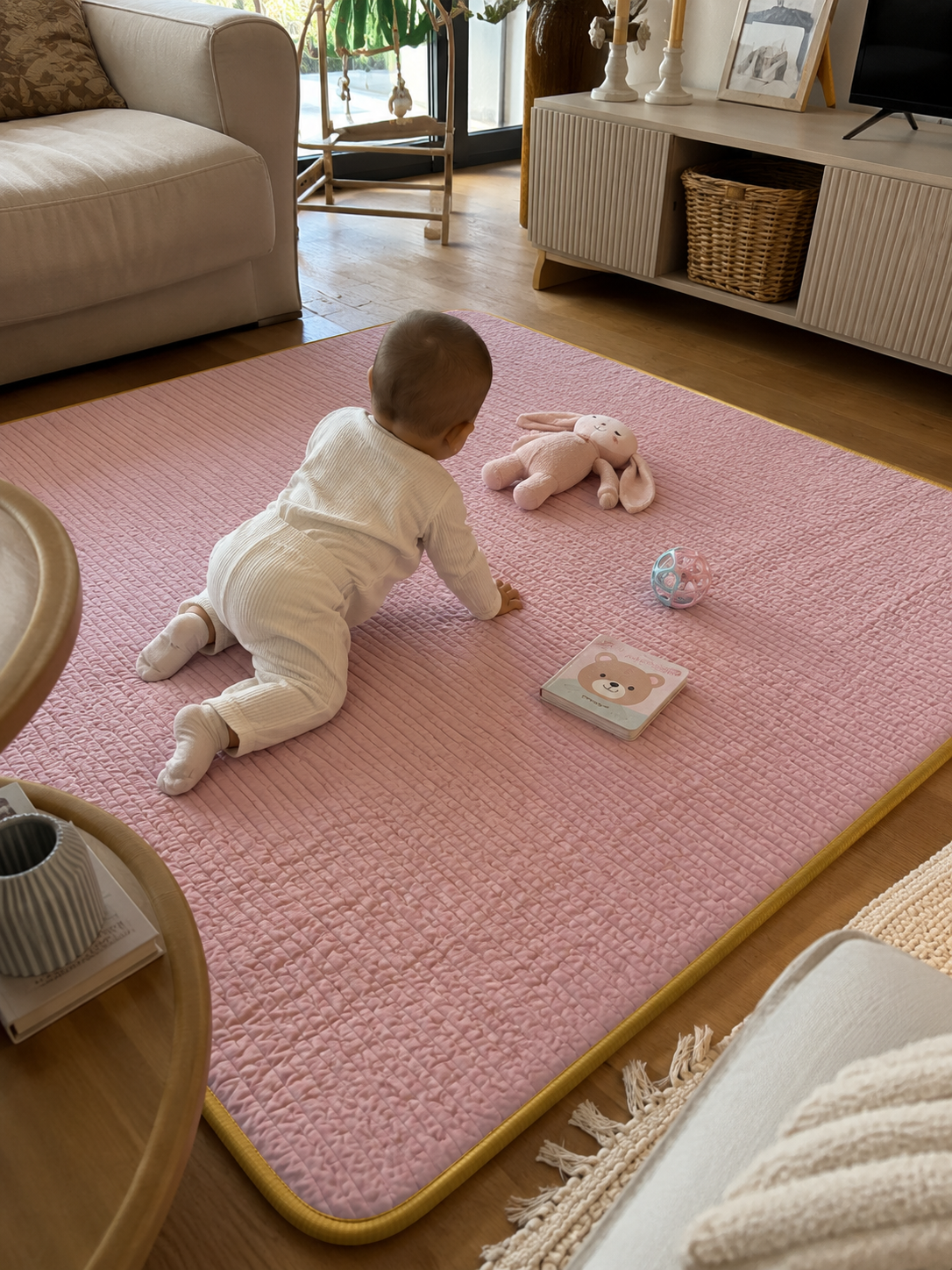 3 cm Süngerli Müslin Bebek Oyun Matı – Kaymaz Tabanlı Pamuk Pembe