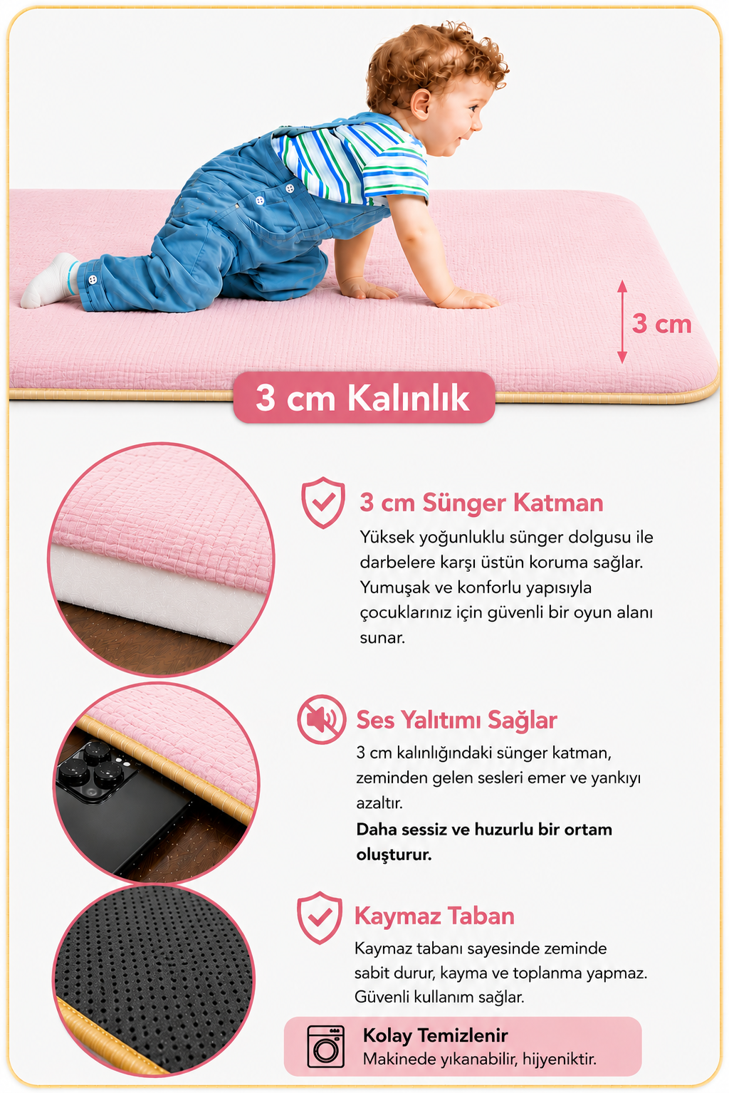 3 cm Süngerli Müslin Bebek Oyun Matı – Kaymaz Tabanlı Pamuk Pembe