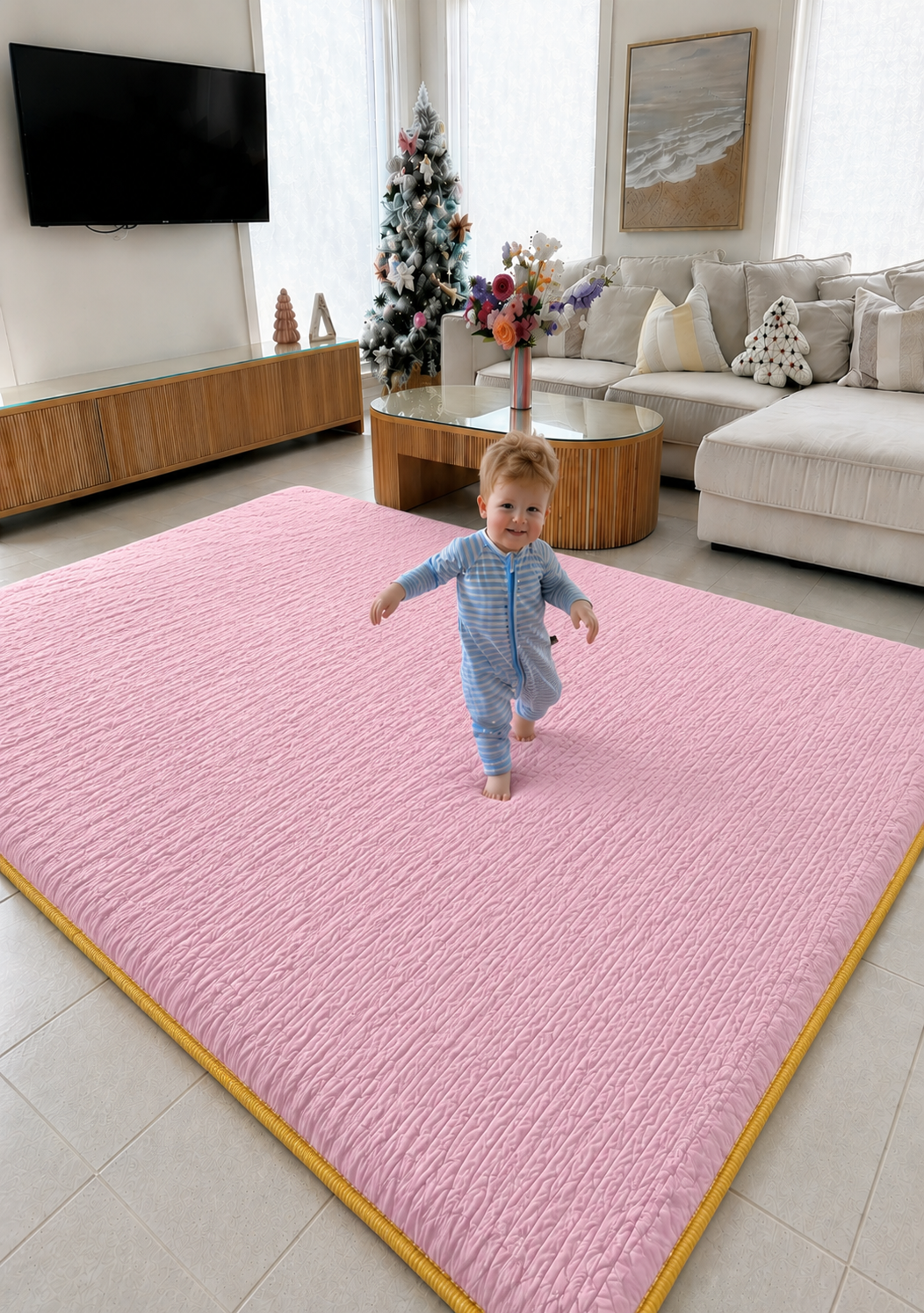 3 cm Süngerli Müslin Bebek Oyun Matı – Kaymaz Tabanlı Pamuk Pembe