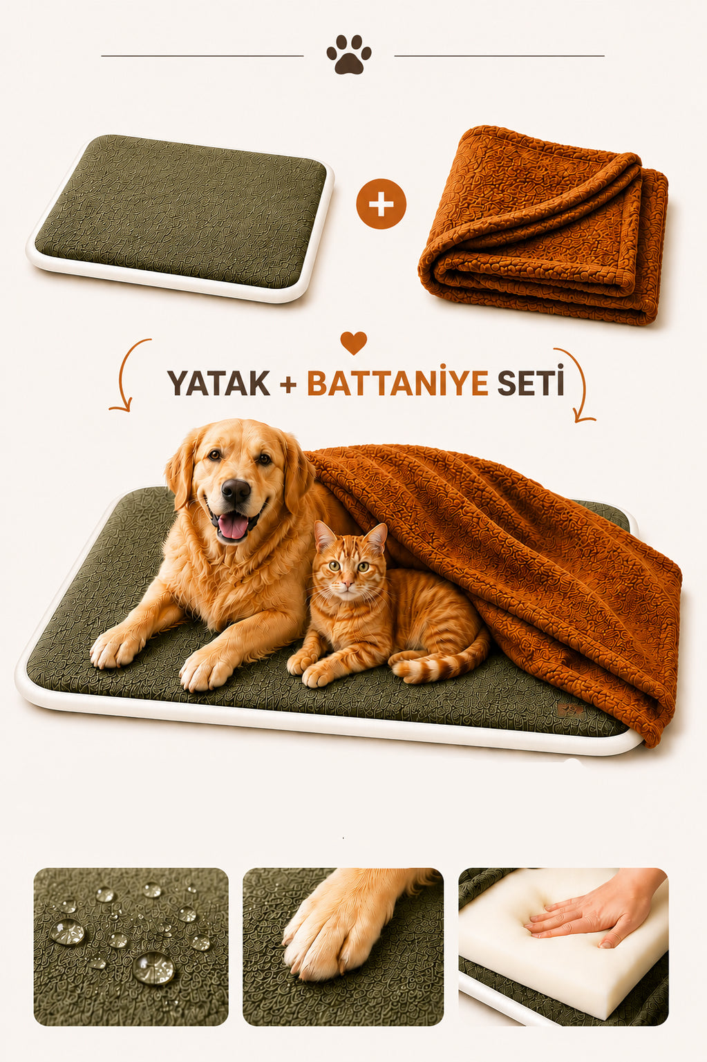 Ortopedik Süngerli Yeşil Kedi Köpek Yatağı ve Battaniye Seti | Kaymaz Tabanlı Evcil Hayvan Minderi