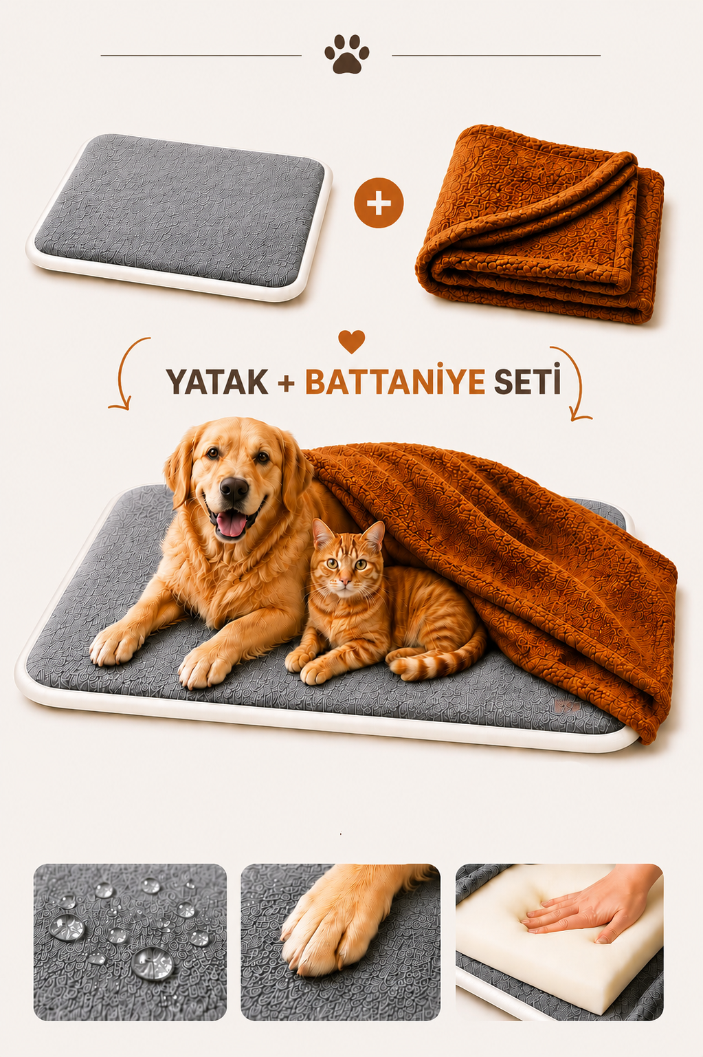 Ortopedik Süngerli Gri Kedi Köpek Yatağı ve Battaniye Seti | Kaymaz Tabanlı Evcil Hayvan Minderi