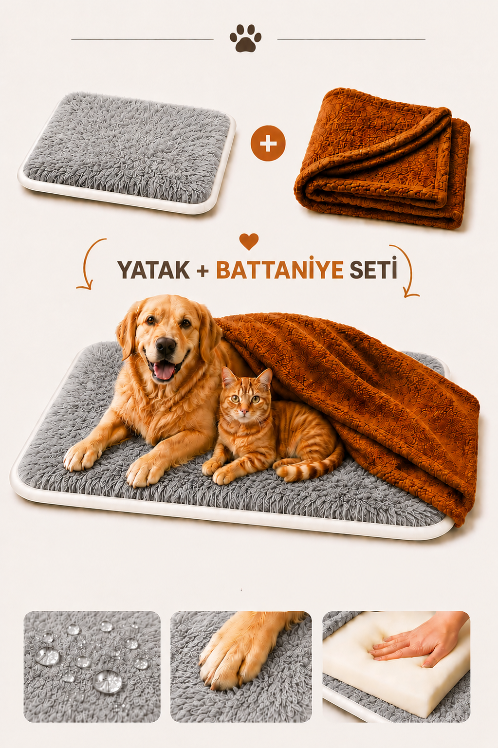 Ortopedik Süngerli Gri Peluş Kedi Köpek Yatağı ve Battaniye Seti | Kaymaz Tabanlı Evcil Hayvan Minderi