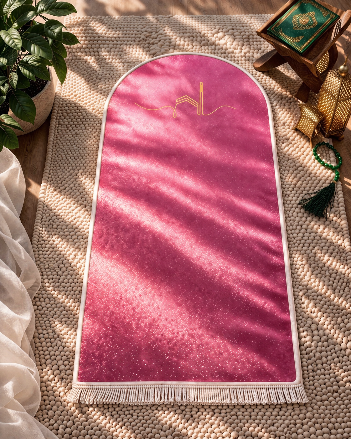3 CM Süngerli Ortopedik Seccade - Pembe Kabeli Kadife