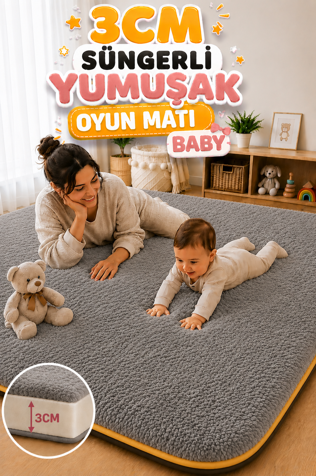 3 cm Süngerli Welsoft Bebek Oyun Matı | Kaymaz Taban Gri