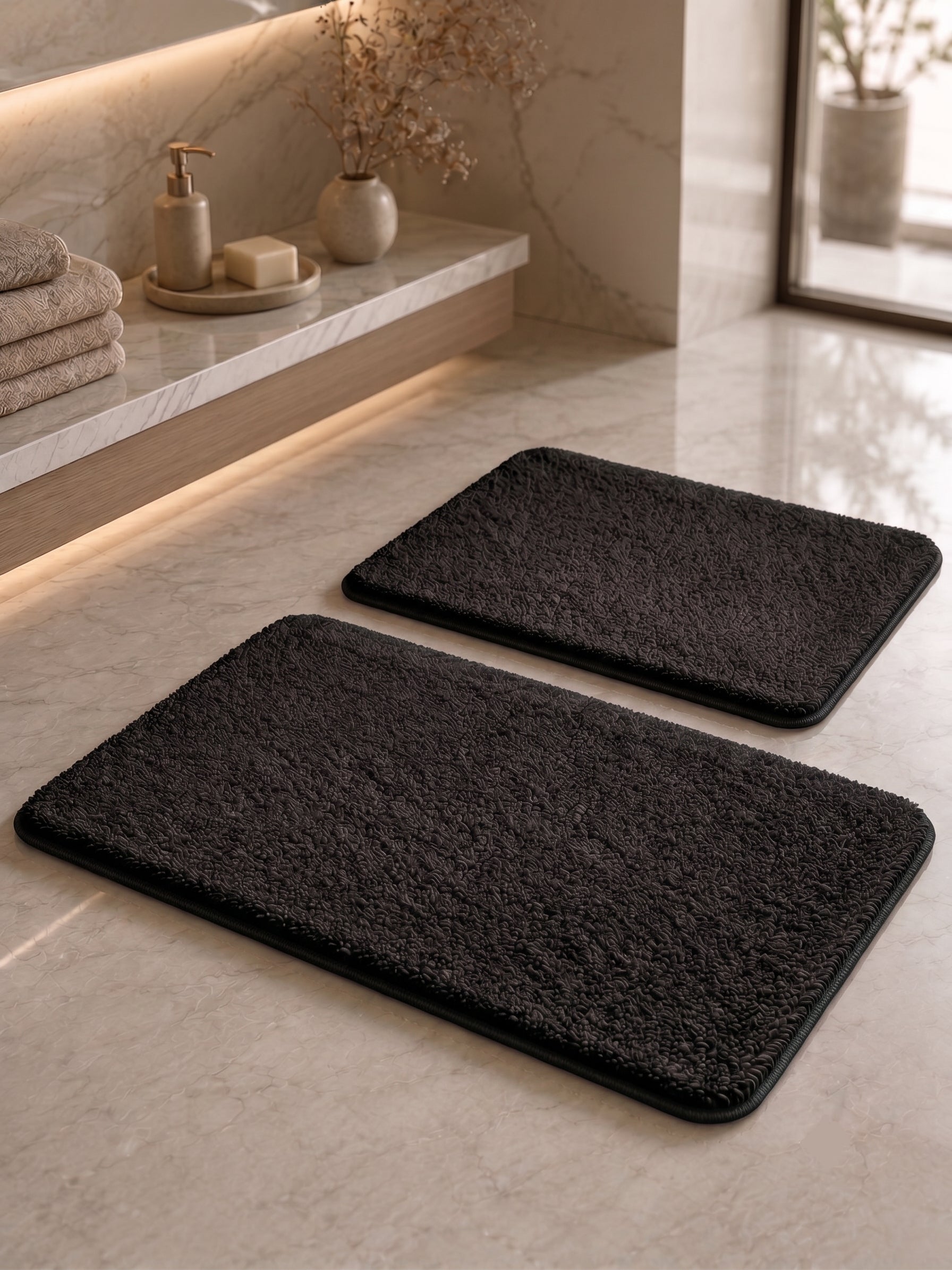 Kaydırmaz Banyo Paspası Seti - 2'li Peluş Banyo Halısı Siyah