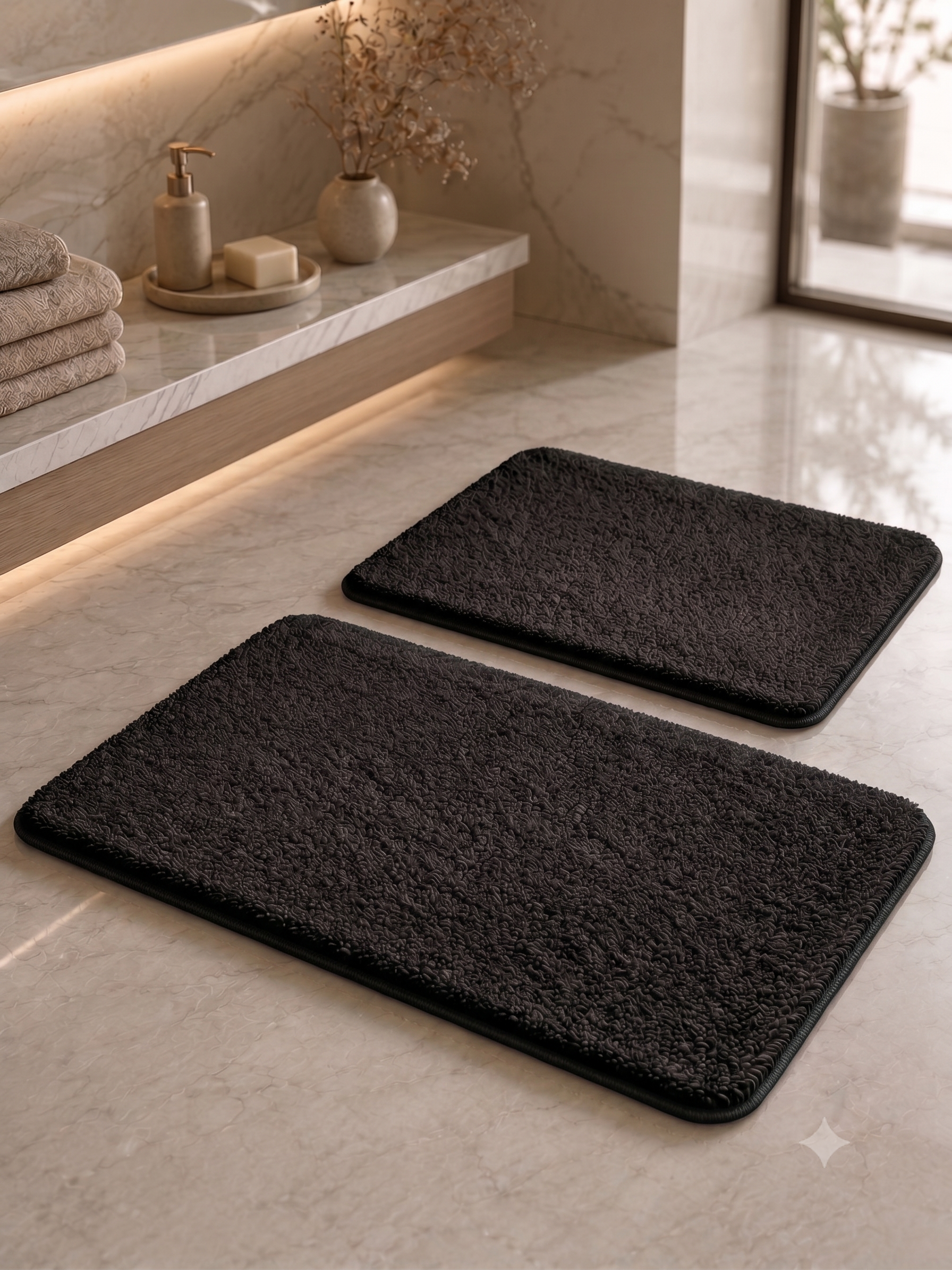 Kaydırmaz Banyo Paspası Seti - 2'li Peluş Banyo Halısı Siyah