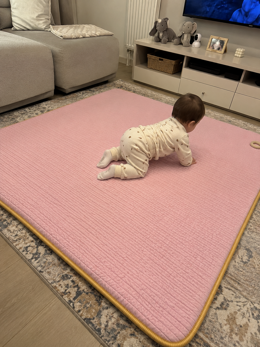 3 cm Süngerli Müslin Bebek Oyun Matı – Kaymaz Tabanlı Pamuk Pembe