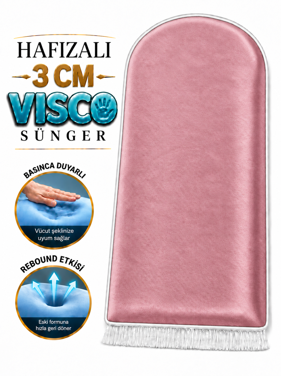 3 CM Süngerli Ortopedik Visco Seccade -Düz Renk Desensiz Pembe Kadife
