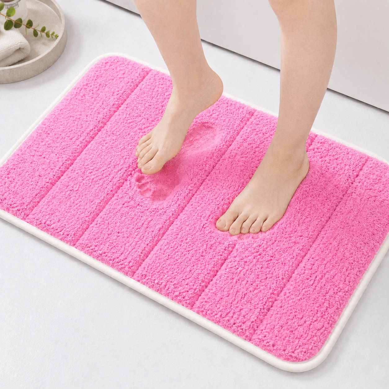 Süngerli Banyo Paspası Seti Kaymaz Taban - Pembe Peluş