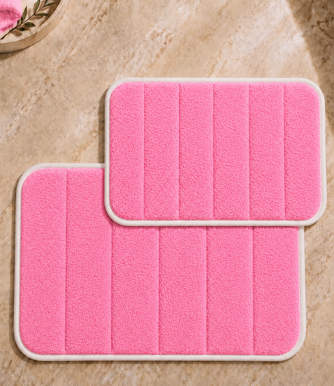 Süngerli Banyo Paspası Seti Kaymaz Taban - Pembe Peluş