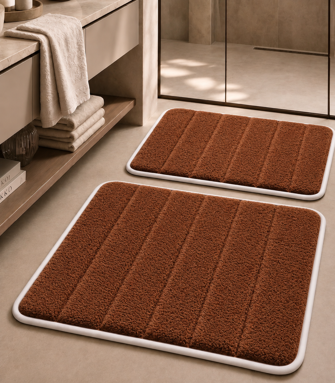 Süngerli Banyo Paspası Seti Kaymaz Taban - Kahverengi Peluş