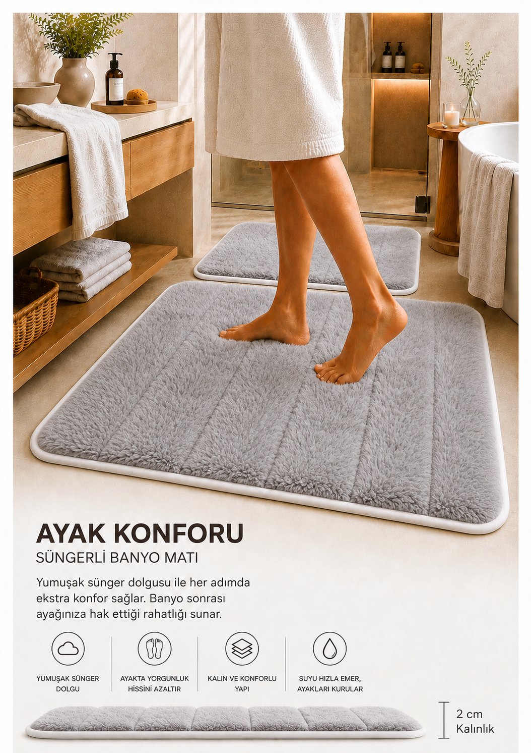 Süngerli Banyo Paspası Seti Kaymaz Taban - Gri Peluş