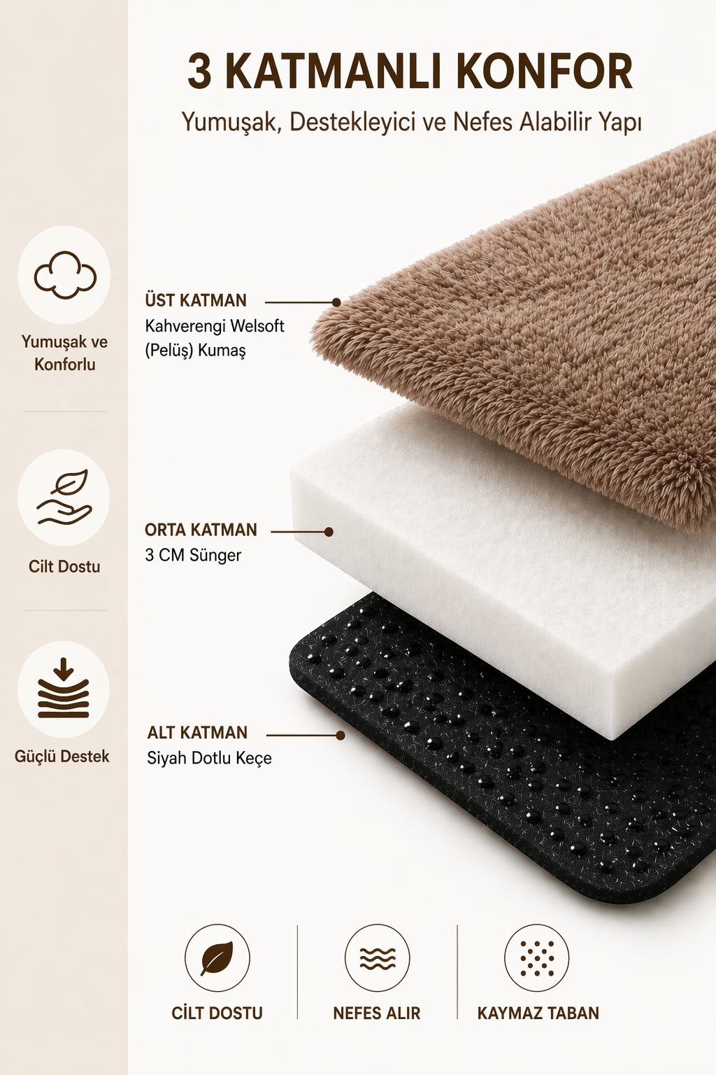 3 cm Süngerli Welsoft Bebek Oyun Matı | Kaymaz Taban Kahverengi