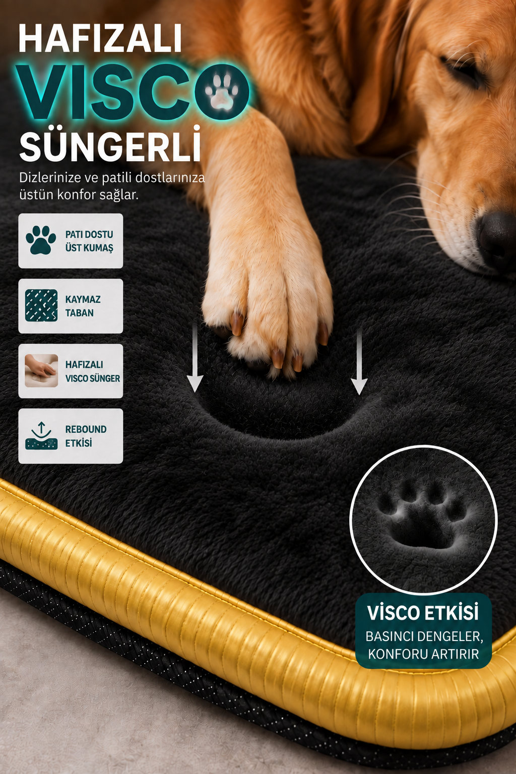 Visco Kedi Köpek Yatağı – 3 CM Hafızalı Sünger, Welsoft Siyah Peluş