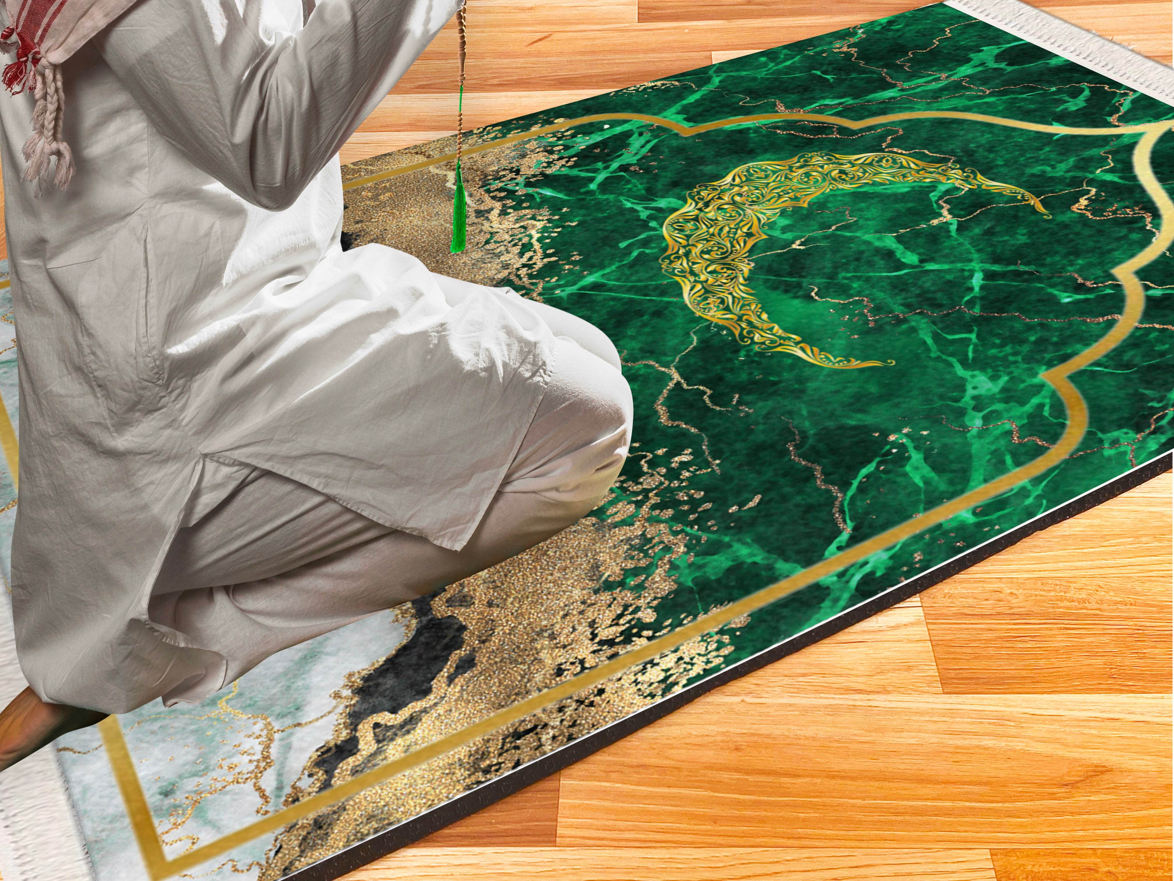 Yeşil Hilal Keten Kadife Seccade - 70x120cm - Carpetella