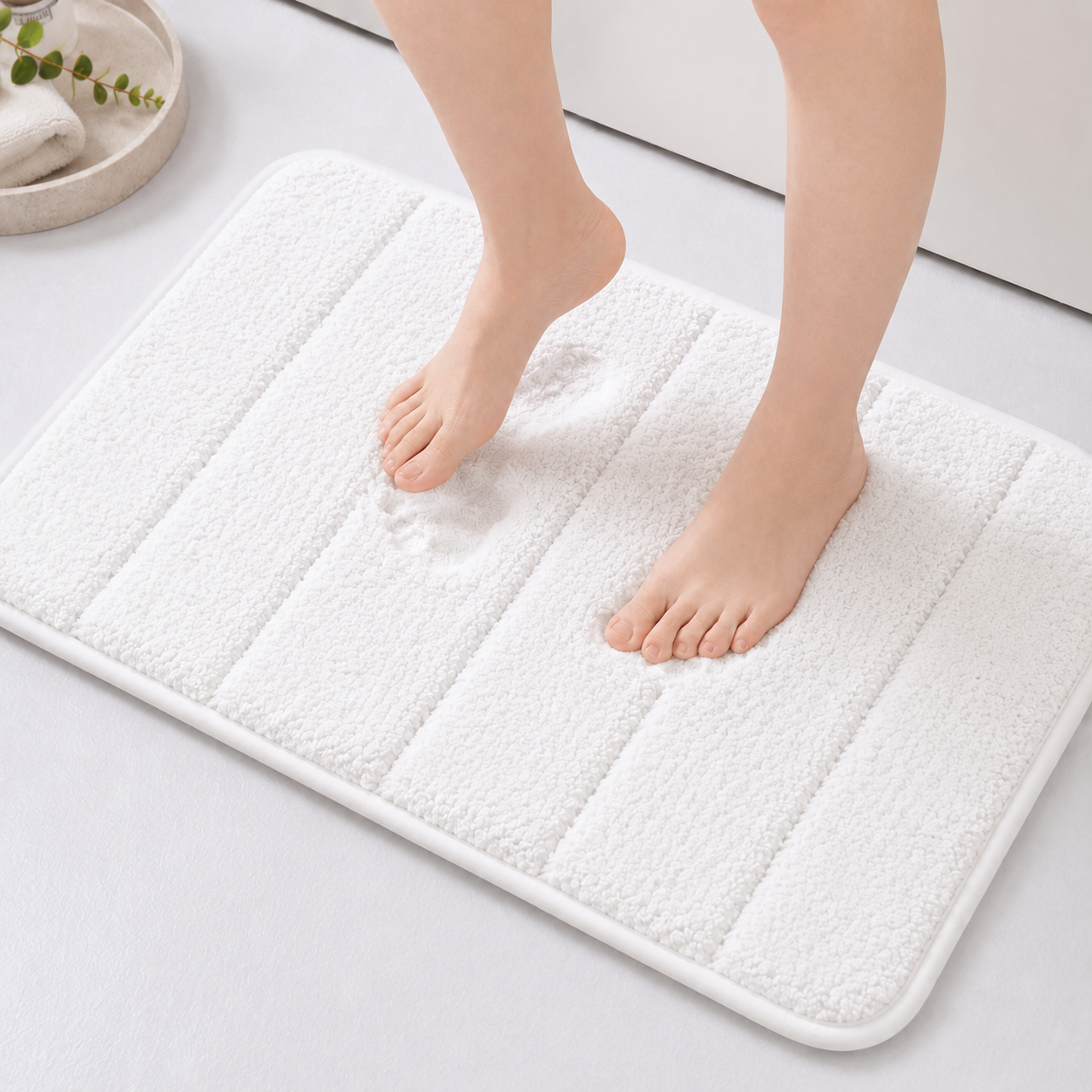 Süngerli Banyo Paspası Seti Kaymaz Taban - Beyaz Peluş