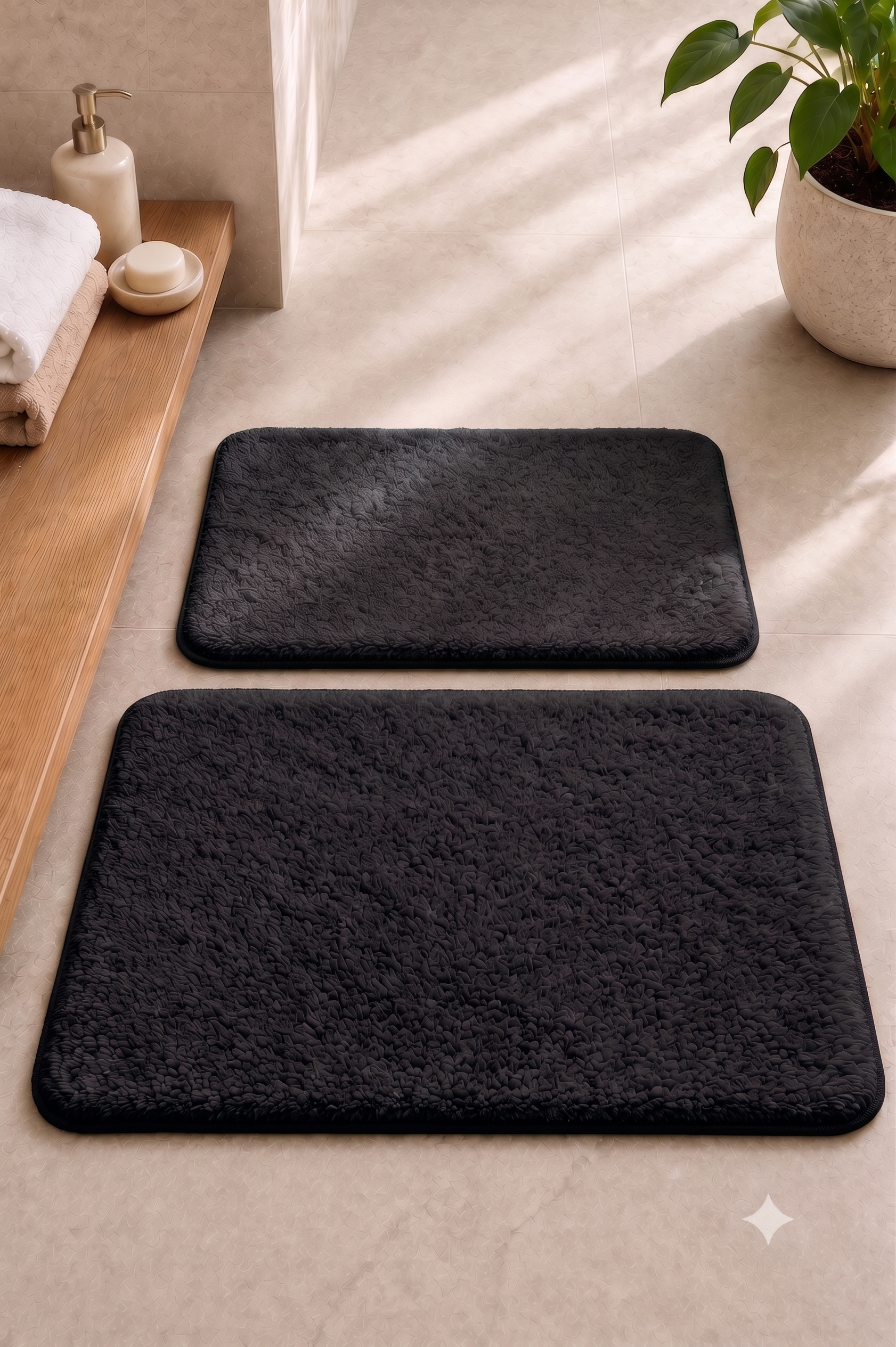 Kaydırmaz Banyo Paspası Seti - 2'li Peluş Banyo Halısı Siyah