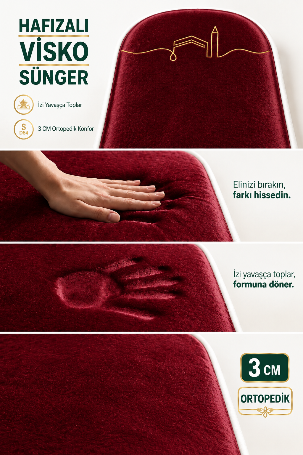 3 CM Süngerli Ortopedik Visco Seccade - Bordo Kadife