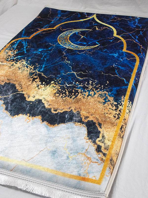 3 CM Süngerli Ortopedik Seccade - Lacivert Gold Kadife Çeyizlik Seccade - Carpetella