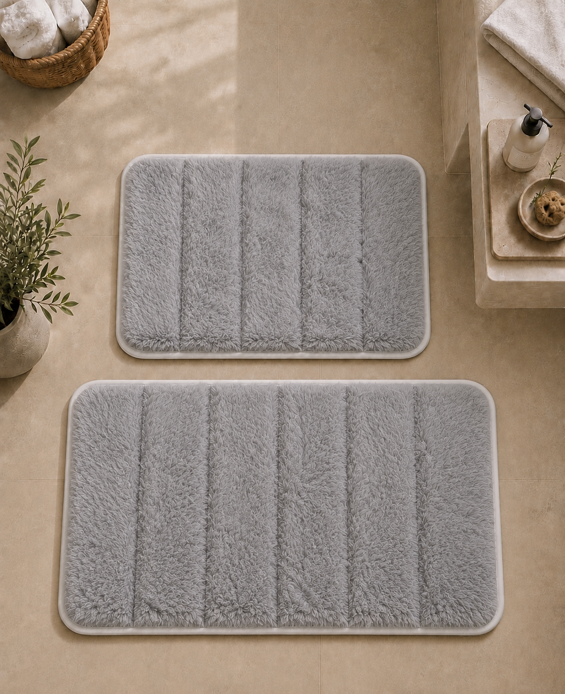 Süngerli Banyo Paspası Seti Kaymaz Taban - Gri Peluş