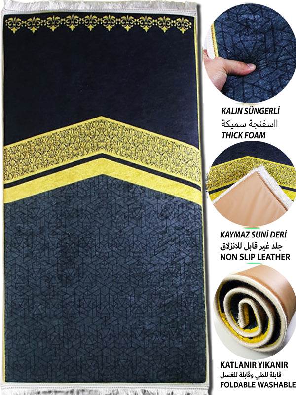 3 CM Süngerli Ortopedik Seccade - Siyah Gold Kabe Motifli Kadife Seccade - Carpetella