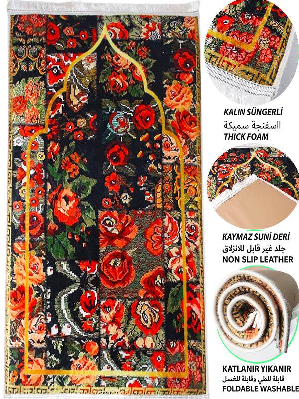 3 CM Süngerli Ortopedik Seccade - Çiçek Desenli Lüks Kadife Seccade - Carpetella