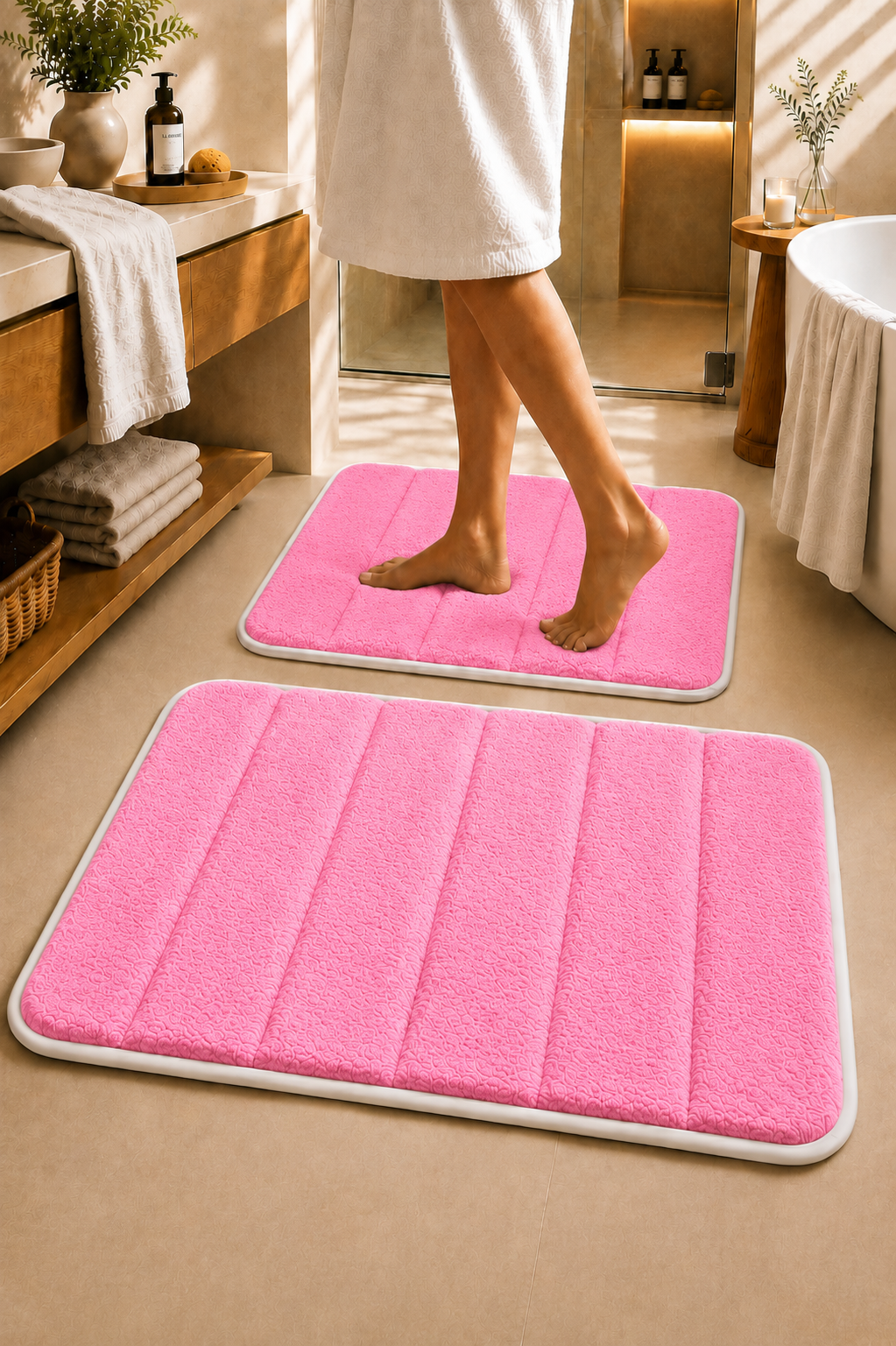 Süngerli Banyo Paspası Seti Kaymaz Taban - Pembe Peluş