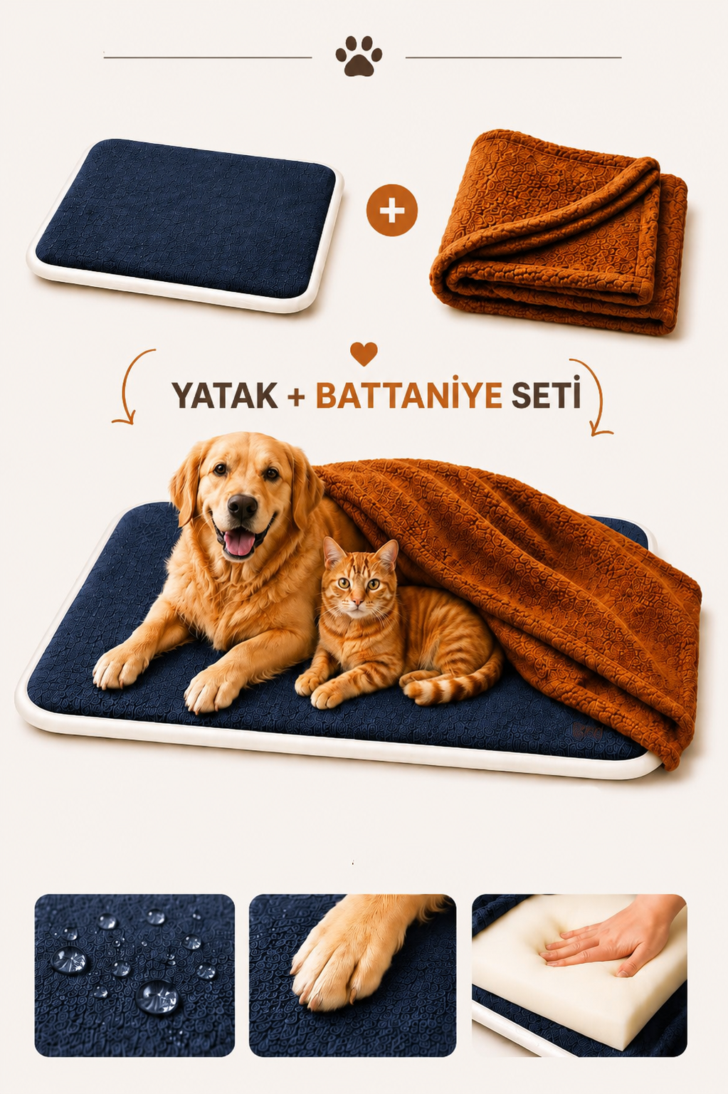 Ortopedik Süngerli Lacivert Kedi Köpek Yatağı ve Battaniye Seti | Kaymaz Tabanlı Evcil Hayvan Minderi