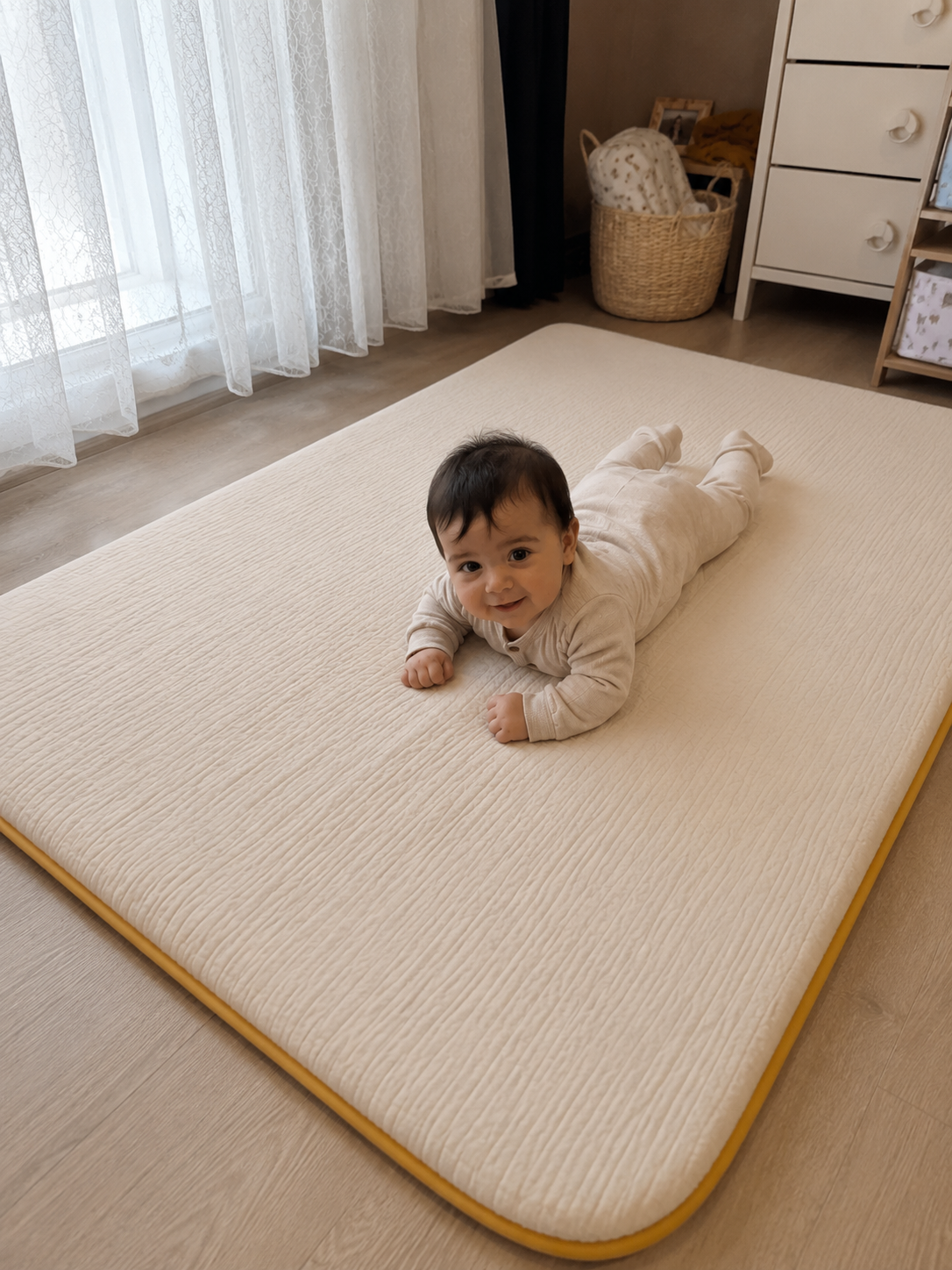 3 cm Süngerli Müslin Bebek Oyun Matı – Kaymaz Tabanlı Pamuk Krem