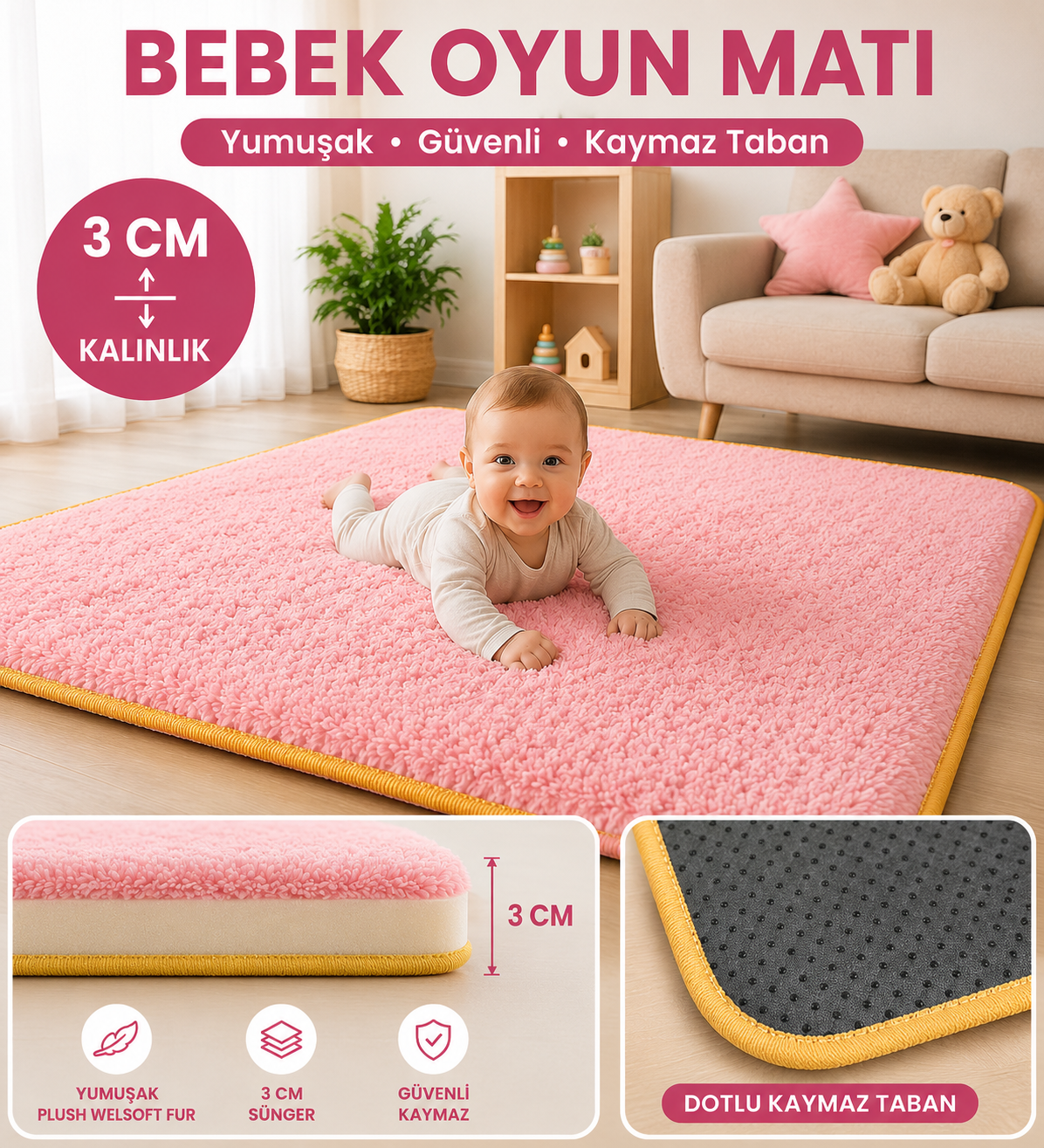 3 cm Süngerli Welsoft Bebek Oyun Matı | Kaymaz Taban Pembe