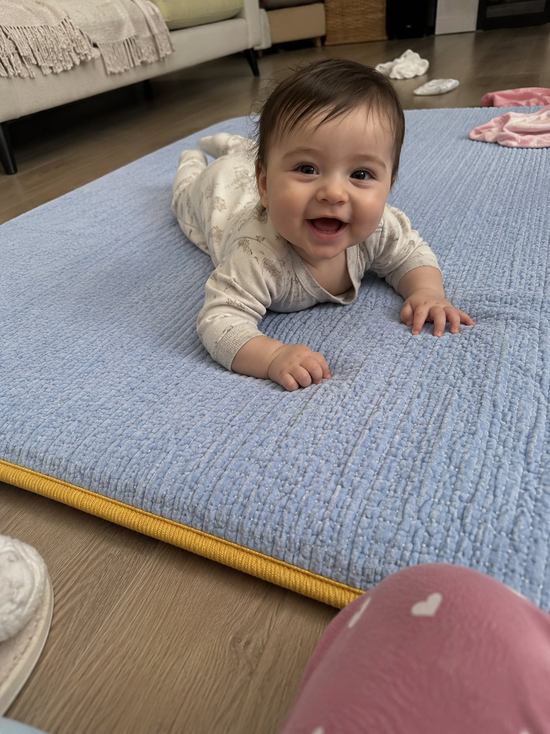 3 cm Süngerli Müslin Bebek Oyun Matı – Kaymaz Tabanlı Pamuk Mavi