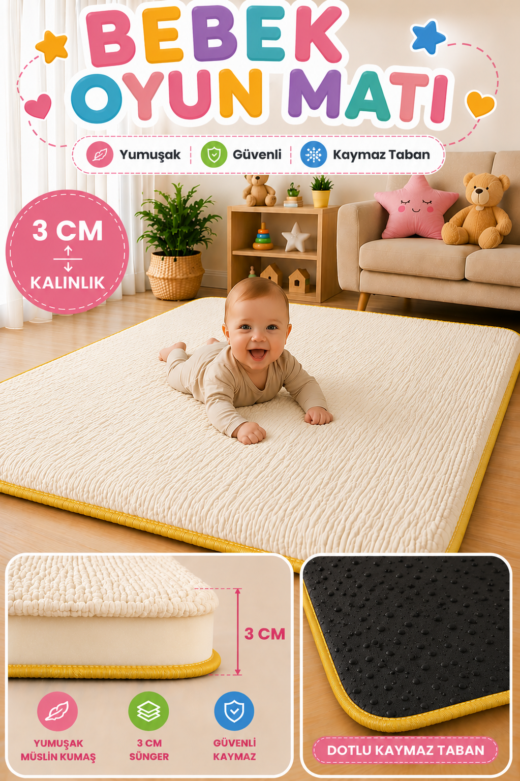 3 cm Süngerli Müslin Bebek Oyun Matı – Kaymaz Tabanlı Pamuk Krem