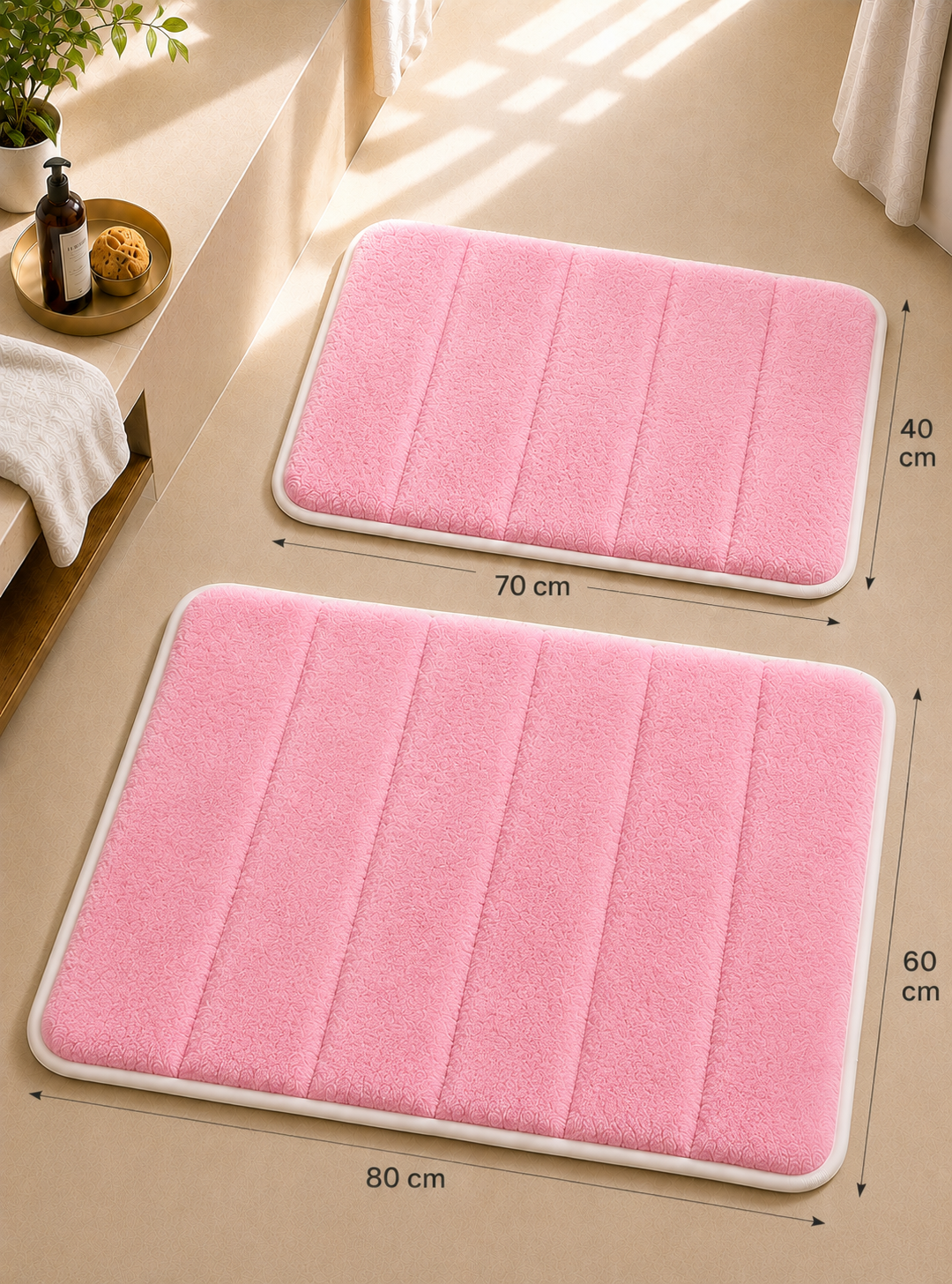 Süngerli Banyo Paspası Seti Kaymaz Taban - Pembe Peluş