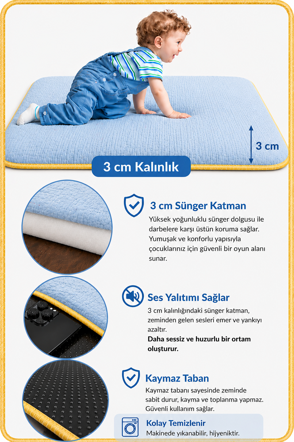3 cm Süngerli Müslin Bebek Oyun Matı – Kaymaz Tabanlı Pamuk Mavi