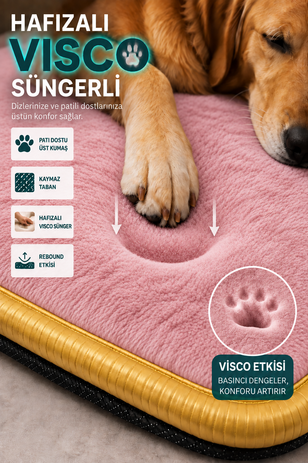 Visco Kedi Köpek Yatağı – 3 CM Hafızalı Sünger, Welsoft Pembe Peluş