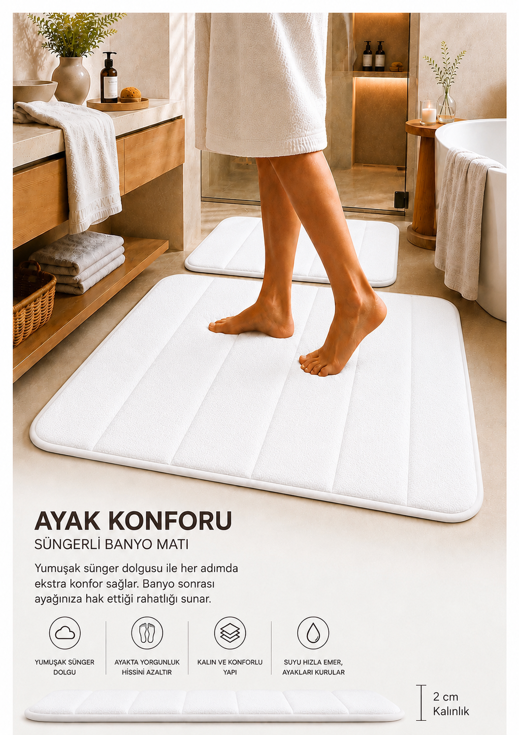 Süngerli Banyo Paspas Seti 2'li - Beyaz (60x80 cm & 40x70 cm)