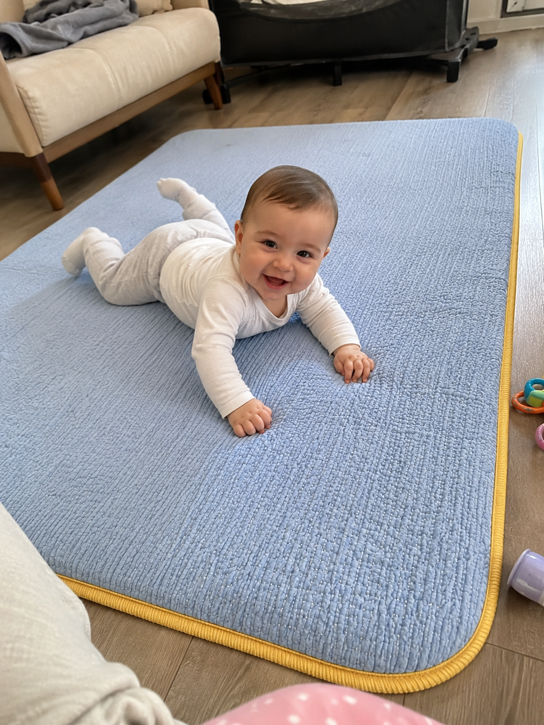 3 cm Süngerli Müslin Bebek Oyun Matı – Kaymaz Tabanlı Pamuk Mavi