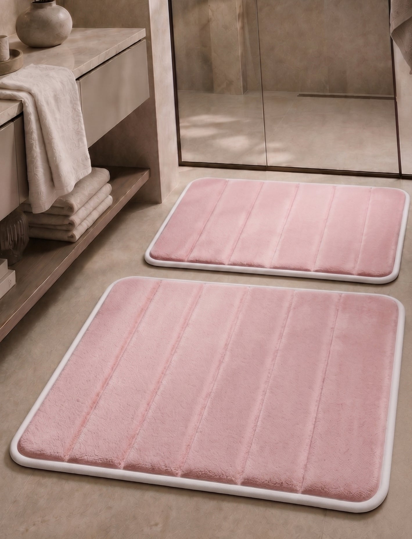 Süngerli Banyo Paspas Seti 2'li - Pembe (60x80 cm & 40x70 cm)