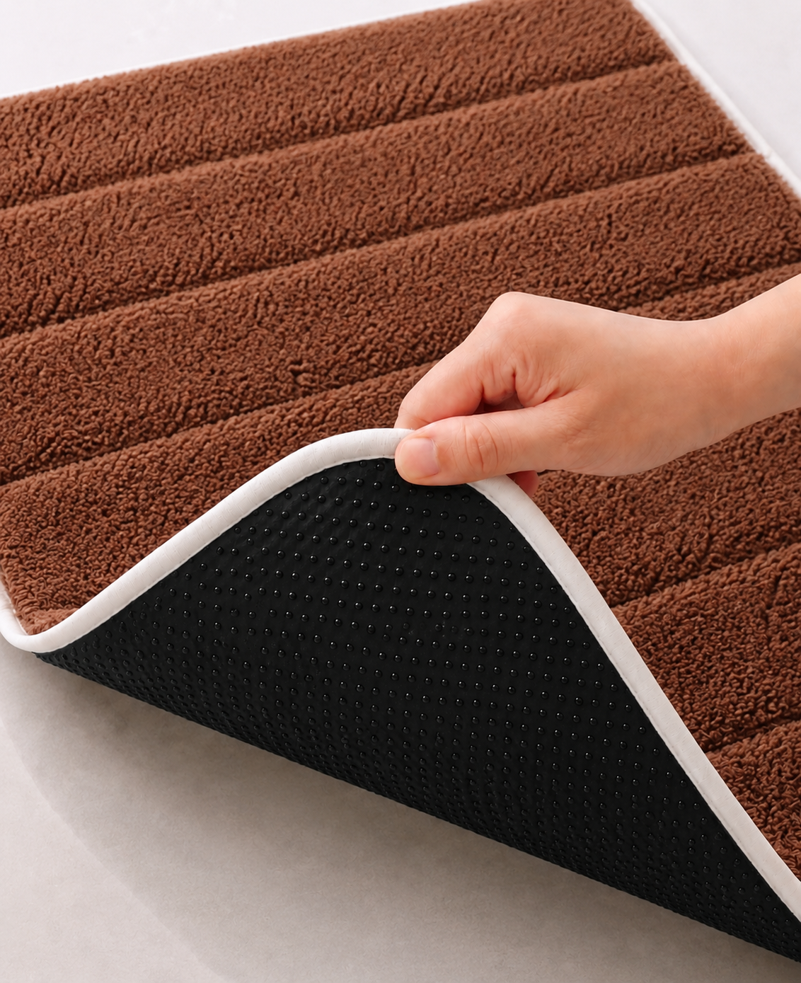 Süngerli Banyo Paspası Seti Kaymaz Taban - Kahverengi Peluş