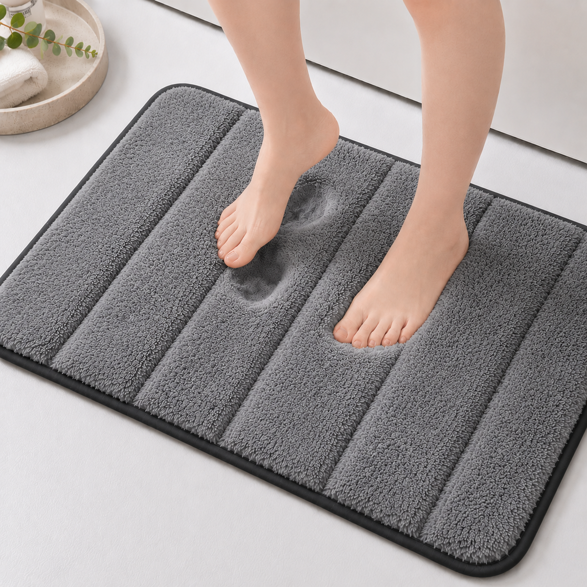 Süngerli Banyo Paspası Seti Kaymaz Taban - Gri Peluş