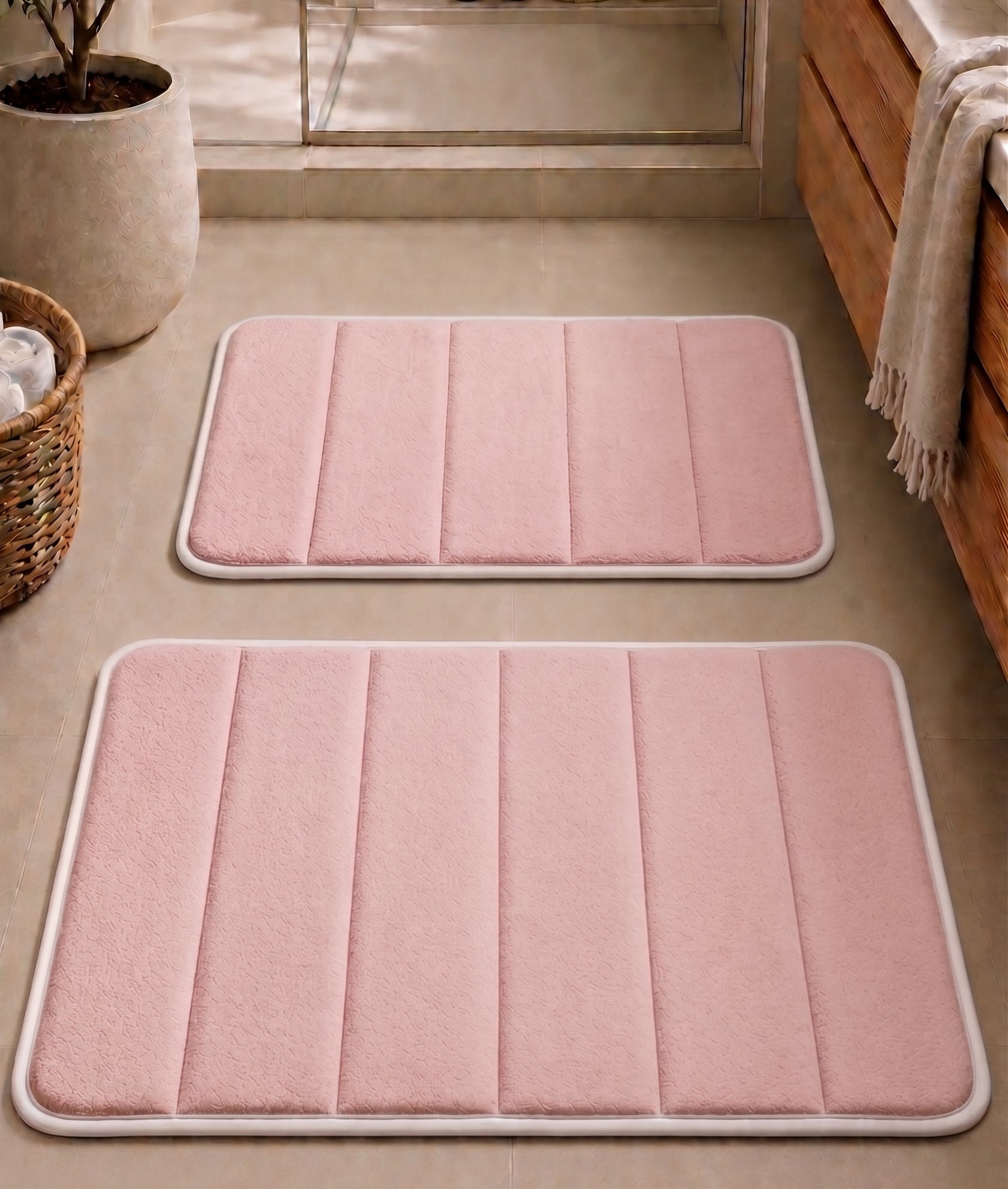 Süngerli Banyo Paspas Seti 2'li - Pembe (60x80 cm & 40x70 cm)