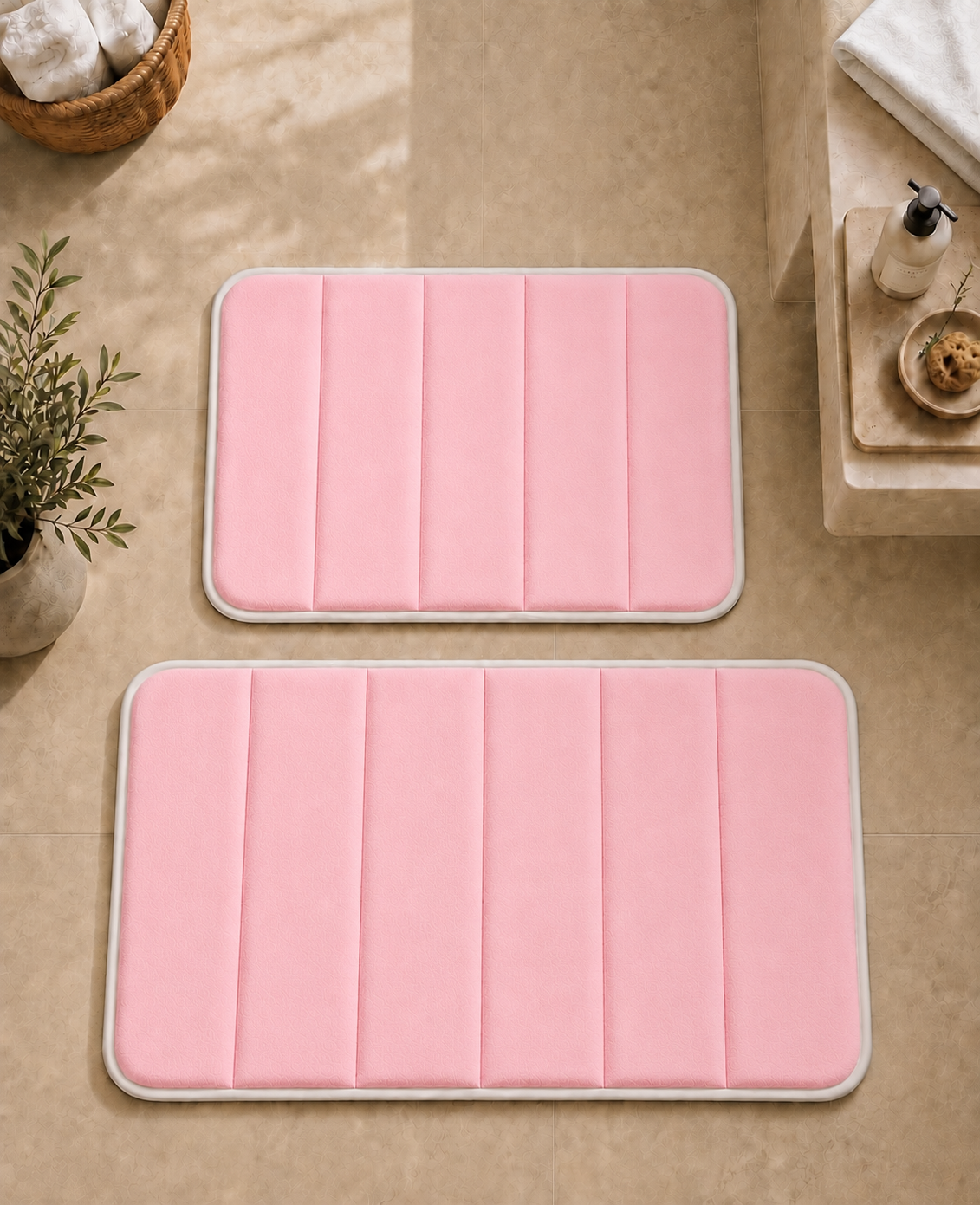 Süngerli Banyo Paspas Seti 2'li - Pembe (60x80 cm & 40x70 cm)