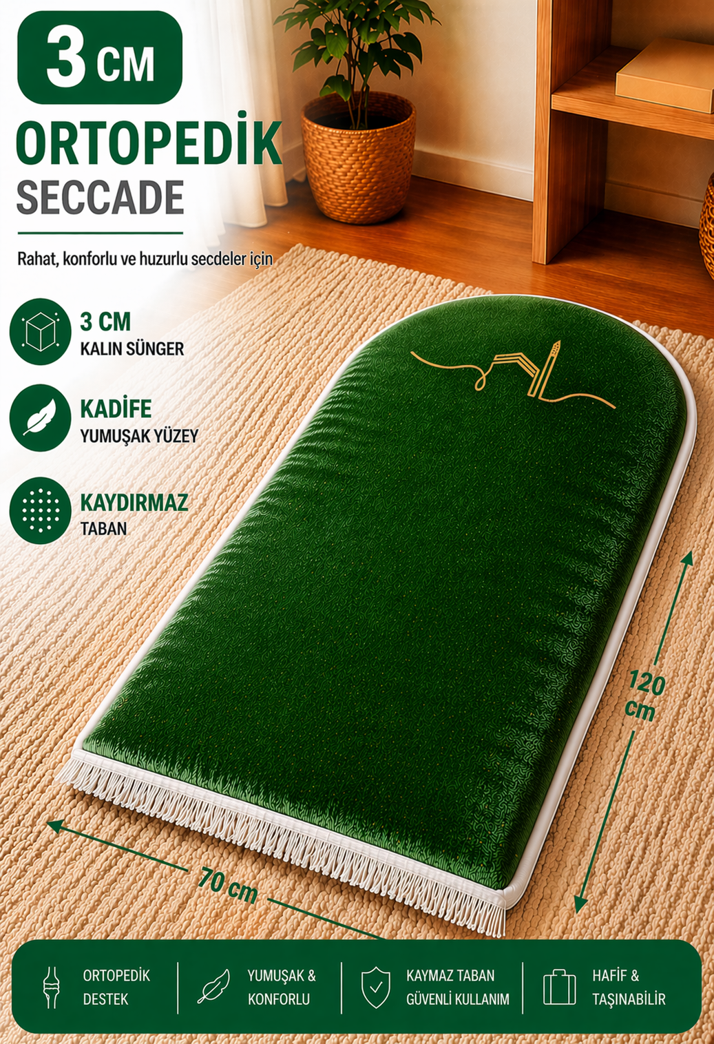 3 cm süngerli ortopedik peluş siyah seccade, kalın yapılı, yumuşak yüzeyli, kaymaz tabanlı, beyaz overlok kenarlı Carpetella seccade