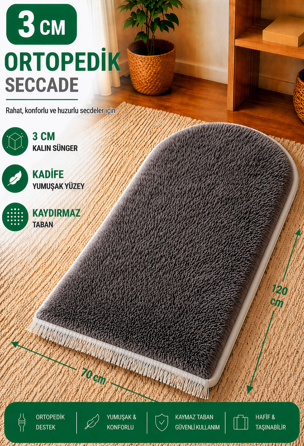 ortopedik seccade, süngerli seccade, 3 cm seccade, kalın seccade, peluş seccade