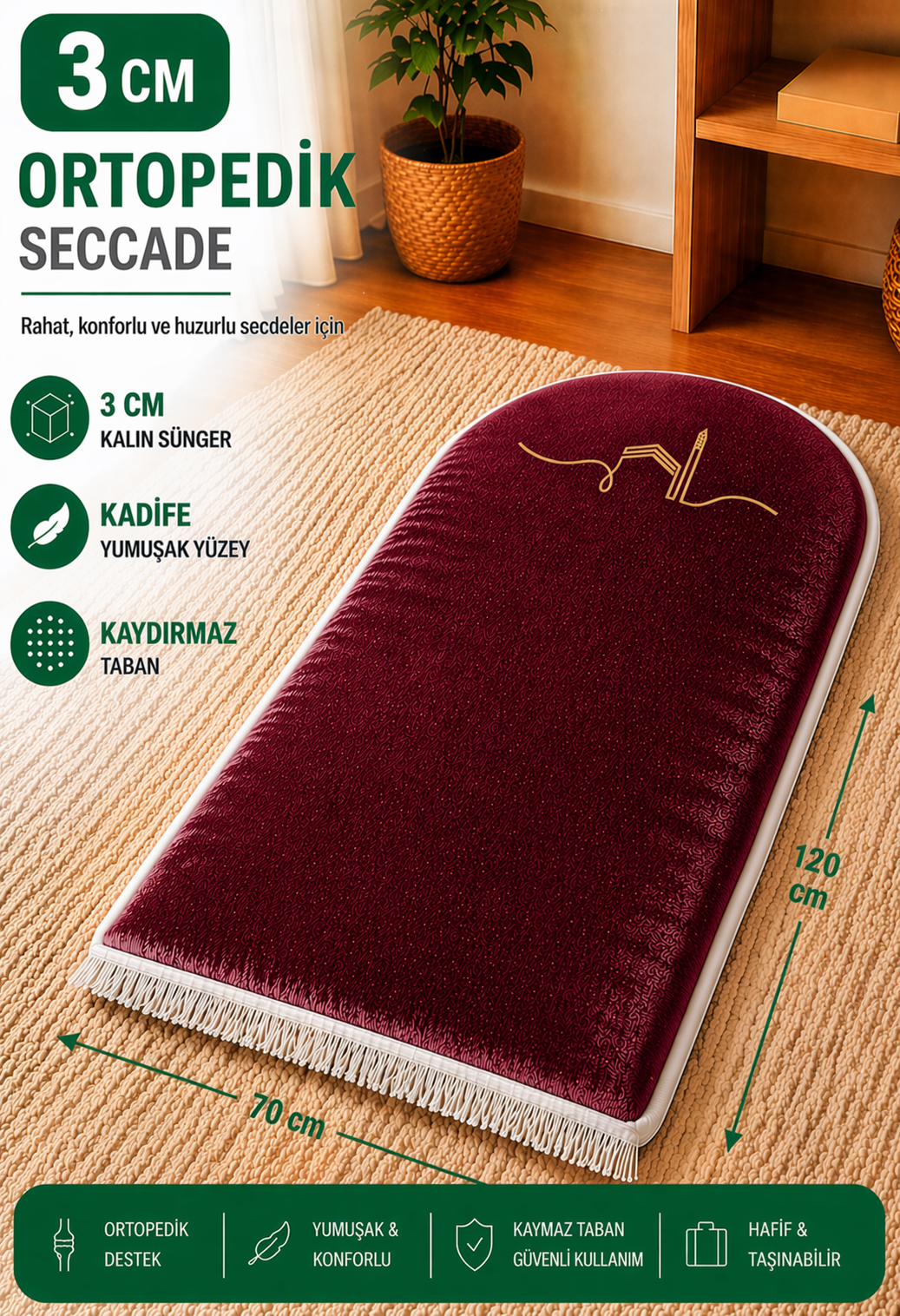 Pembe Kabe desenli 3 cm süngerli ortopedik kadife seccade, kalın yapılı ve kaymaz tabanlı